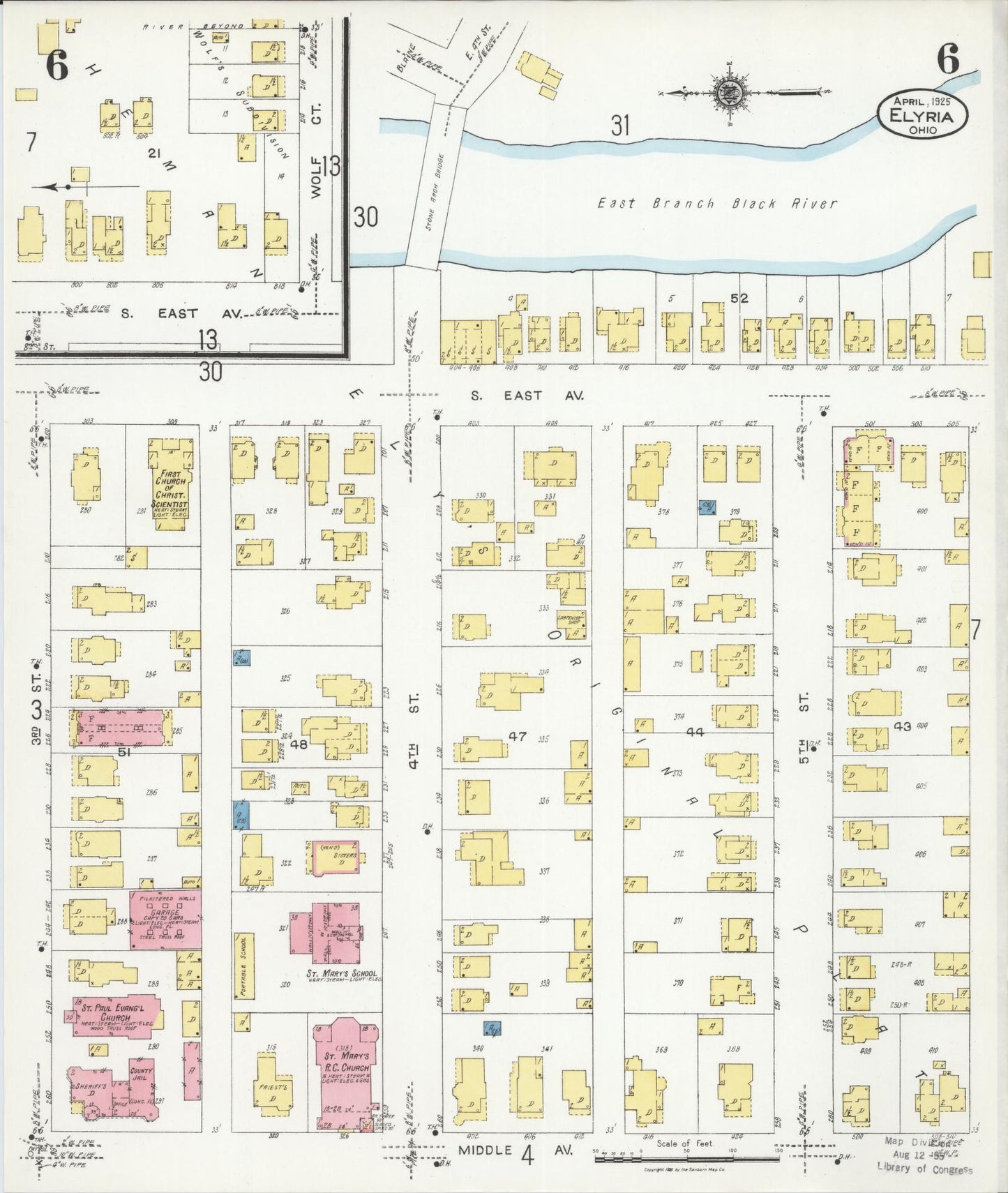 Sanborn Fire Insurance Map from Elyria, Lorain County, Ohio (1925), Sheet #0006 - Historic Sanborn Fire Insurance Map Print, vintage old map wall art, antique decor, genealogy gift, Ohio Ohio map