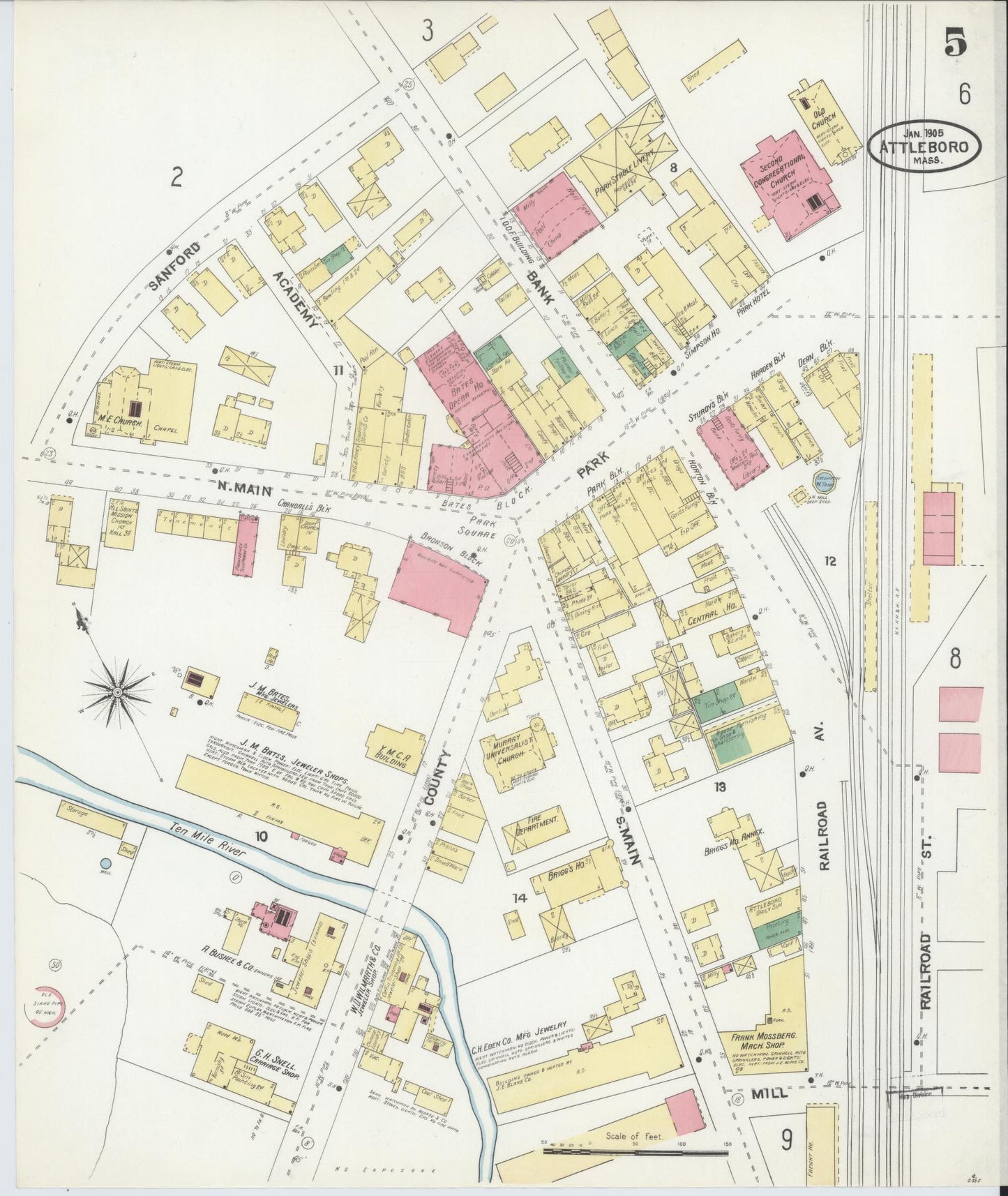 Sanborn Fire Insurance Map from Attleboro, Bristol County, Massachusetts (1905), Sheet #0005 - Complete Map Set gallery image, historic Sanborn map, vintage wall art, Massachusetts Massachusetts