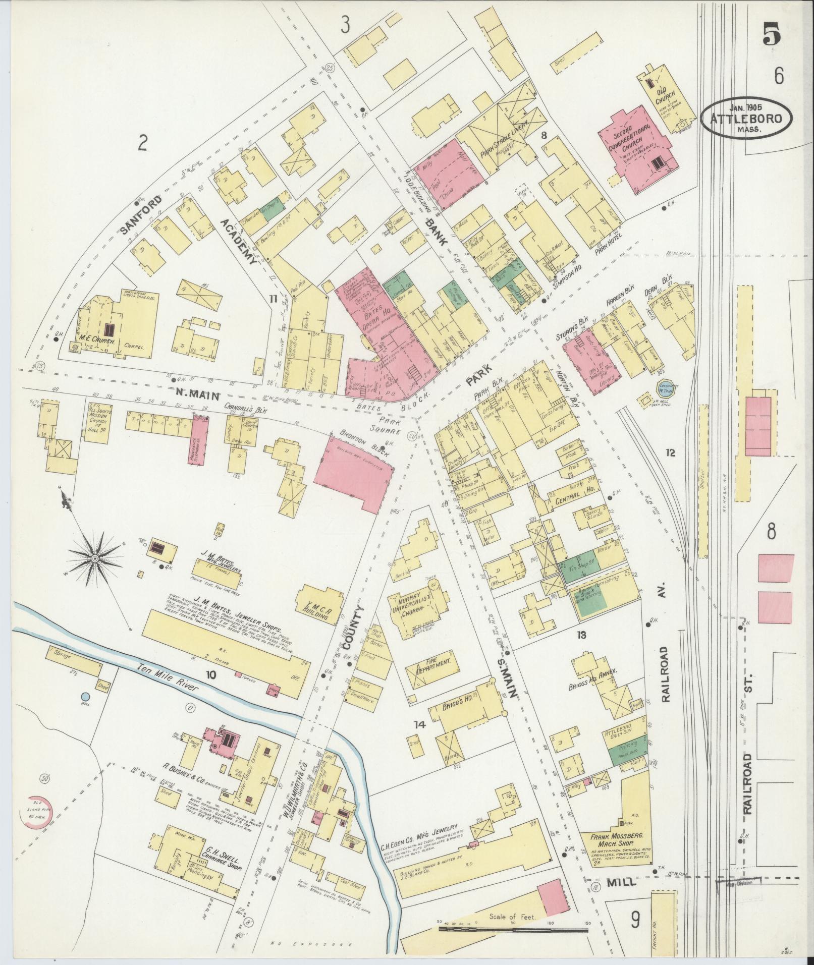 Sanborn Fire Insurance Map from Attleboro, Bristol County, Massachusetts (1905), Sheet #0005 - Complete Map Set gallery image, historic Sanborn map, vintage wall art, Massachusetts Massachusetts