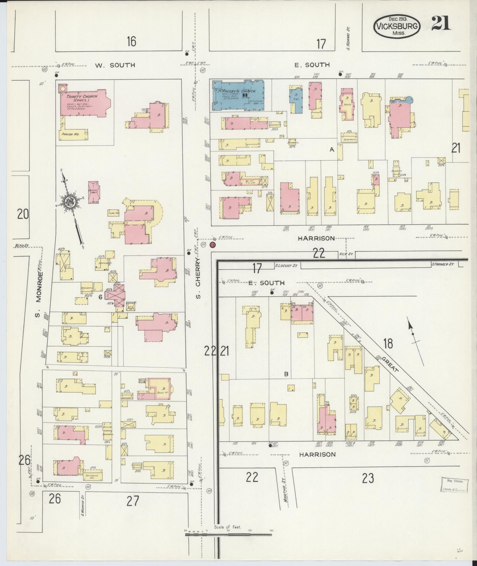 Sanborn Fire Insurance Map from Vicksburg, Warren County, Mississippi (1913), Sheet #0021 - Historic Sanborn Fire Insurance Map Print, vintage old map wall art, antique decor, genealogy gift, Mississippi Mississippi map