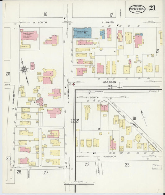 Sanborn Fire Insurance Map from Vicksburg, Warren County, Mississippi (1913), Sheet #0021 - Historic Sanborn Fire Insurance Map Print, vintage old map wall art, antique decor, genealogy gift, Mississippi Mississippi map