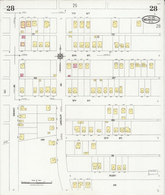 Sanborn Fire Insurance Map from Moundsville, Marshall County, West Virginia (1923), Sheet #0028 - Historic Sanborn Fire Insurance Map Print, vintage old map wall art, antique decor, genealogy gift, West Virginia West Virginia map