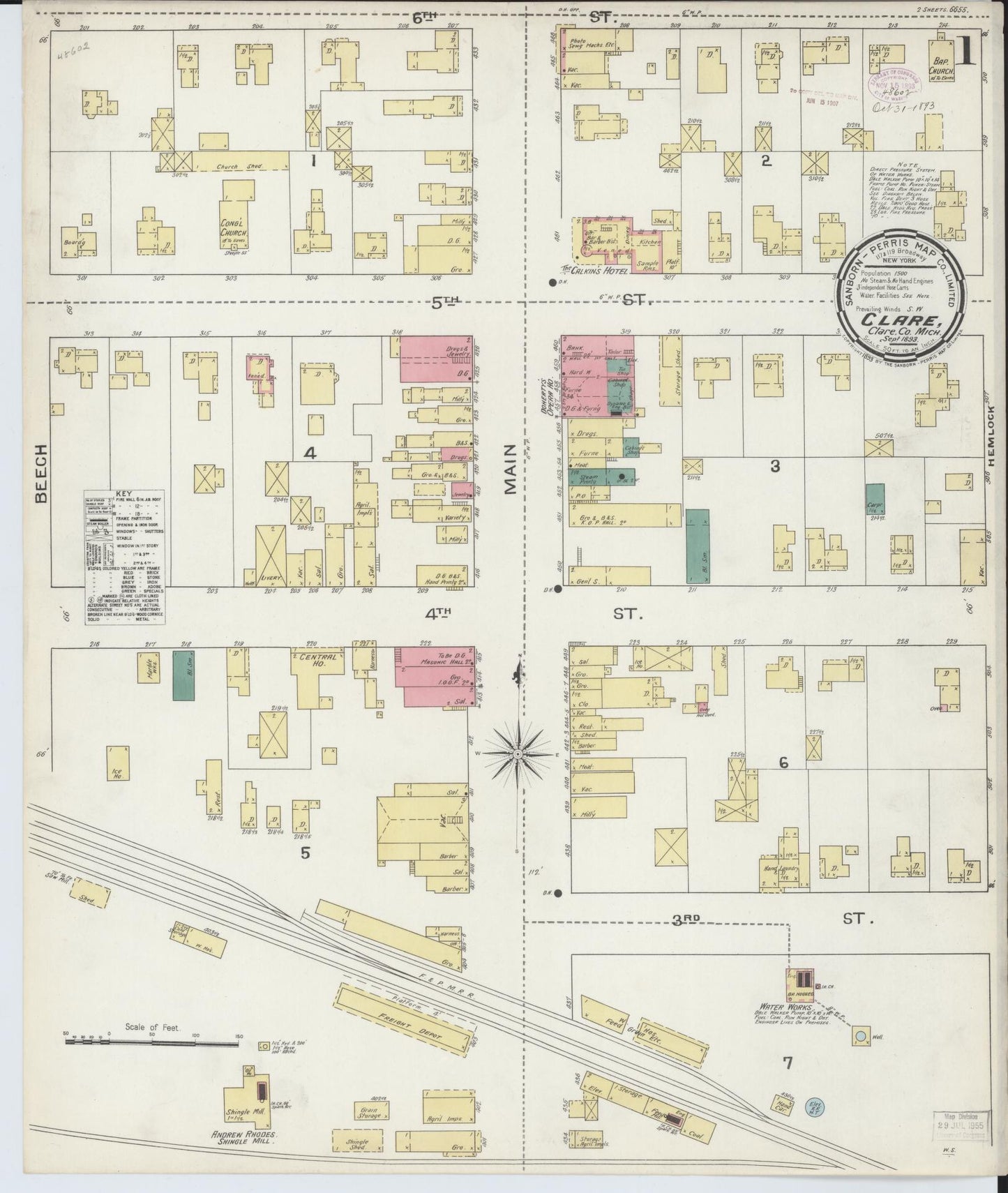 Sanborn Fire Insurance Map from Clare, Clare County, Michigan (1893), Sheet #0001 - Complete Map Set gallery image, historic Sanborn map, vintage wall art, Michigan Michigan