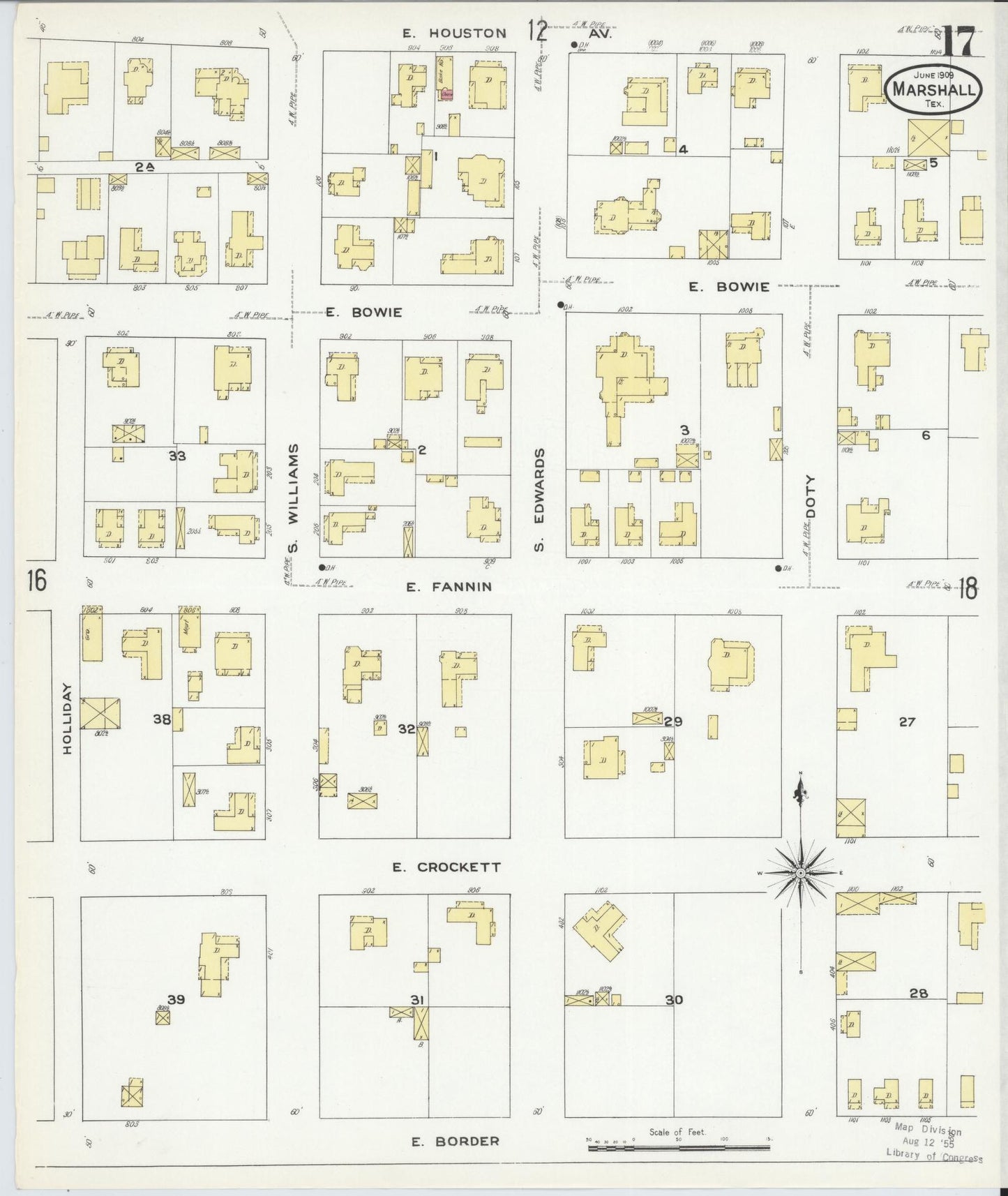 Sanborn Fire Insurance Map from Marshall, Harrison County, Texas (1909), Sheet #0017 - Historic Sanborn Fire Insurance Map Print, vintage old map wall art, antique decor, genealogy gift, Texas Texas map