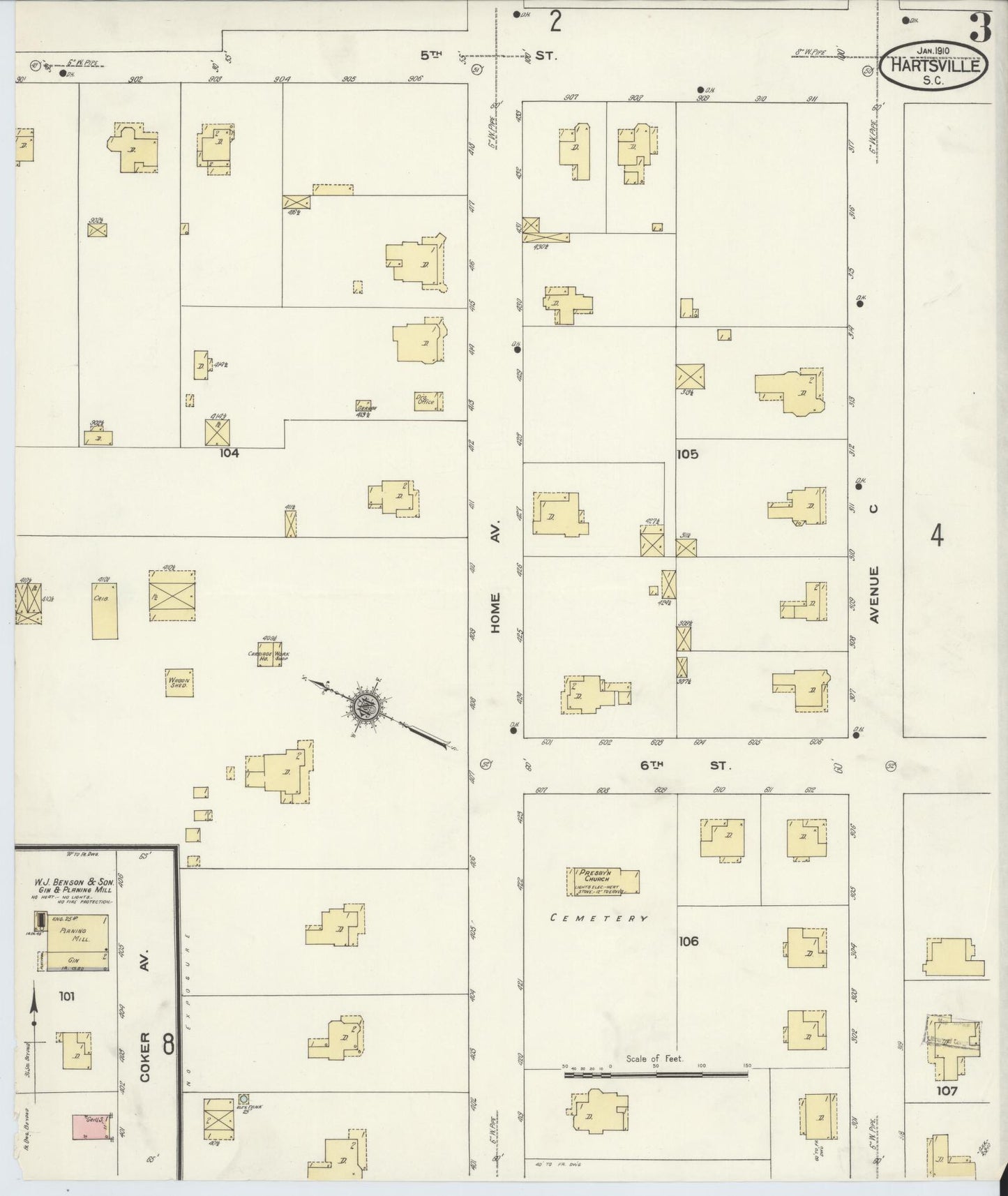 Sanborn Fire Insurance Map from Hartsville, Darlington County, South Carolina (1910), Sheet #0003 - Complete Map Set gallery image, historic Sanborn map, vintage wall art, South Carolina South Carolina