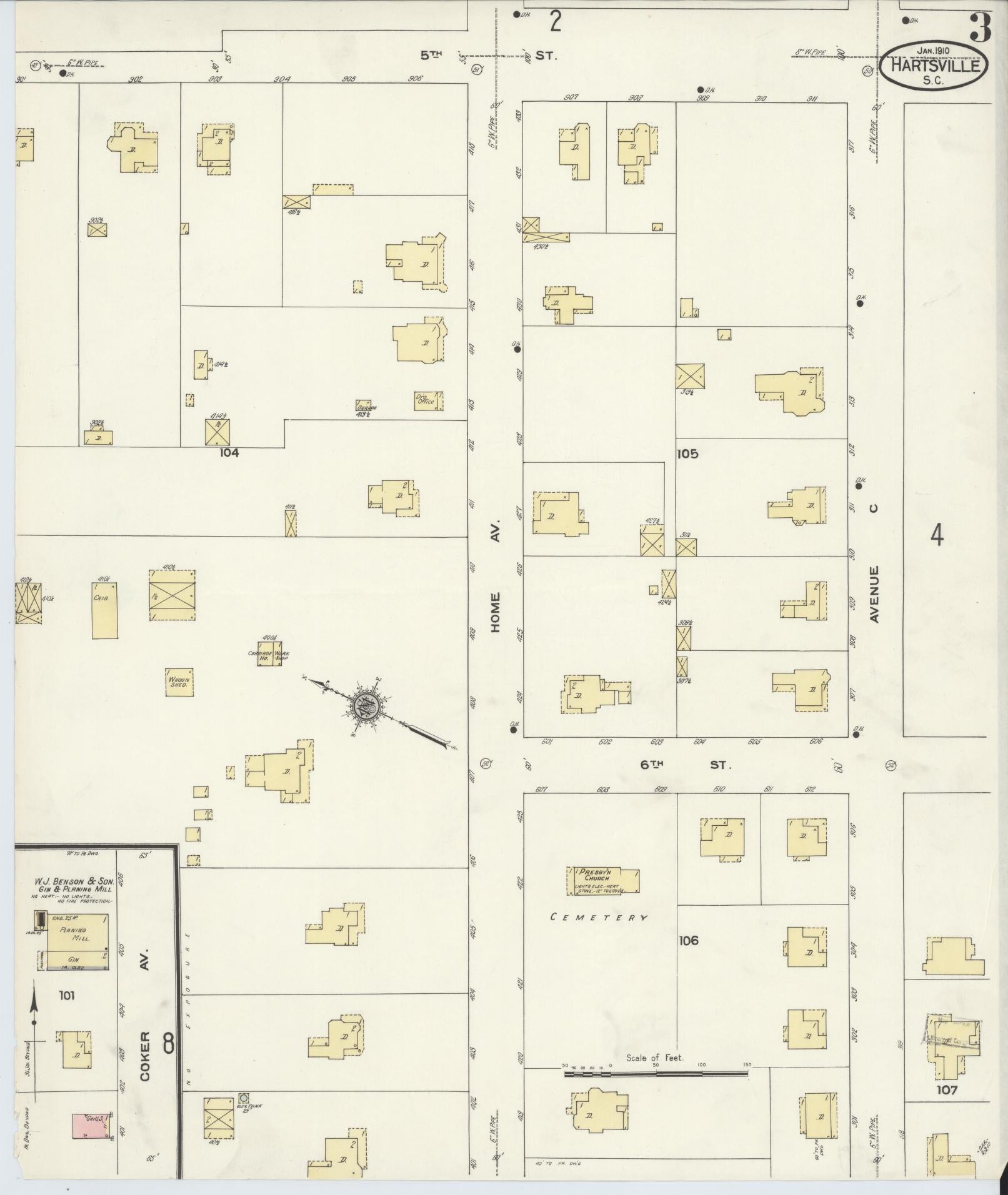 Sanborn Fire Insurance Map from Hartsville, Darlington County, South Carolina (1910), Sheet #0003 - Complete Map Set gallery image, historic Sanborn map, vintage wall art, South Carolina South Carolina