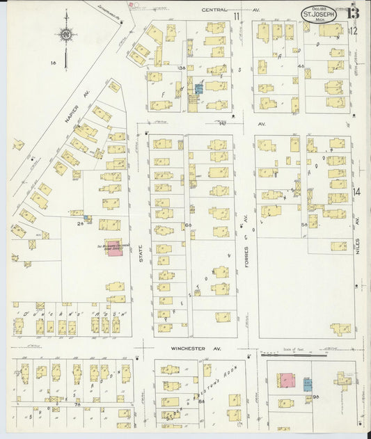 Sanborn Fire Insurance Map from Saint Joseph, Berrien County, Michigan (1913), Sheet #0013 - Historic Sanborn Fire Insurance Map Print, vintage old map wall art, antique decor, genealogy gift, Michigan Michigan map