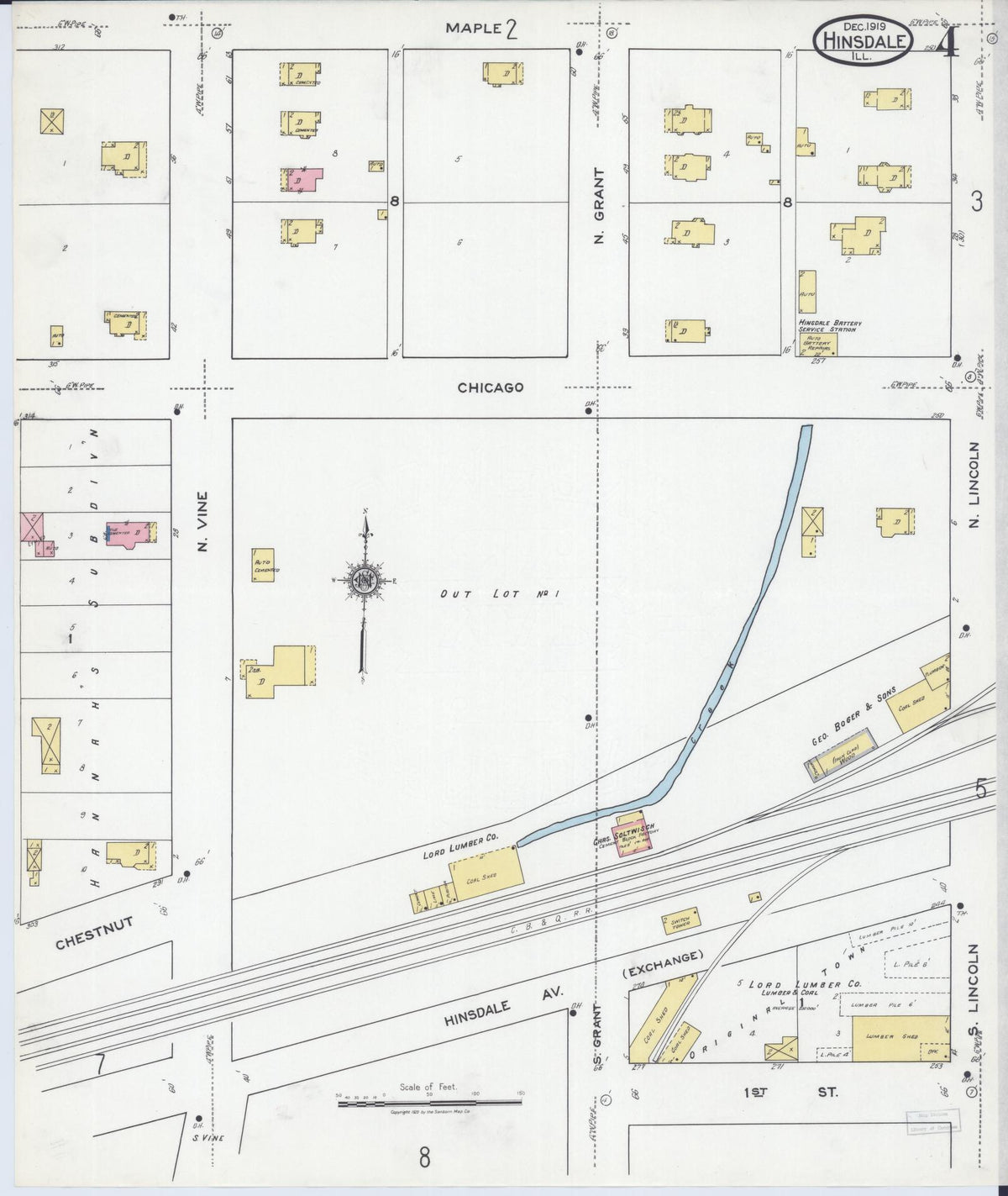 Sanborn Fire Insurance Map from Hinsdale, Du Page And Cook Counties, Illinois (1919), Sheet #0004 - Complete Map Set gallery image, historic Sanborn map, vintage wall art, Illinois Illinois