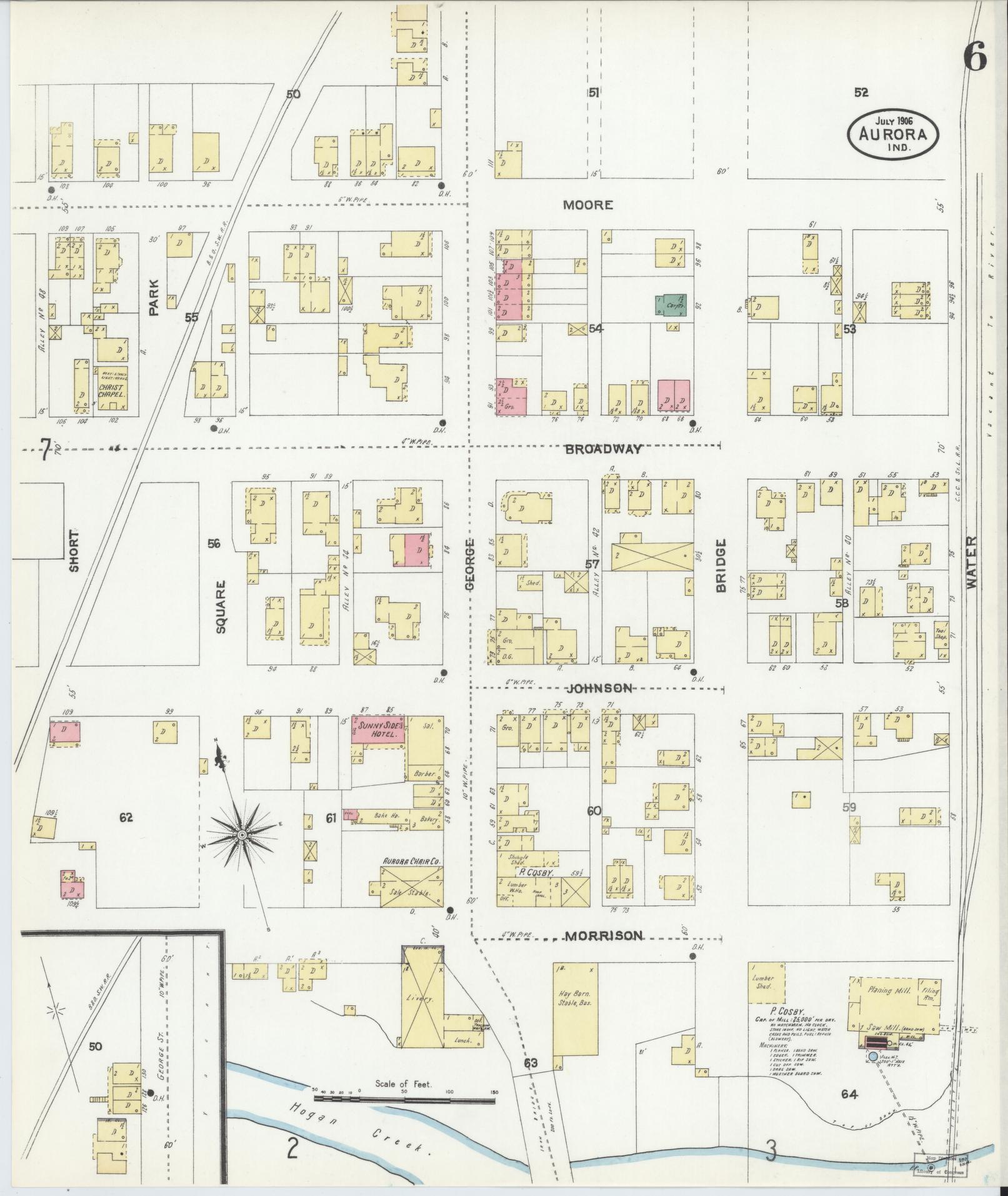 Sanborn Fire Insurance Map from Aurora, Dearborn County, Indiana (1906), Sheet #0006 - Historic Sanborn Fire Insurance Map Print, vintage old map wall art, antique decor, genealogy gift, Indiana Indiana map