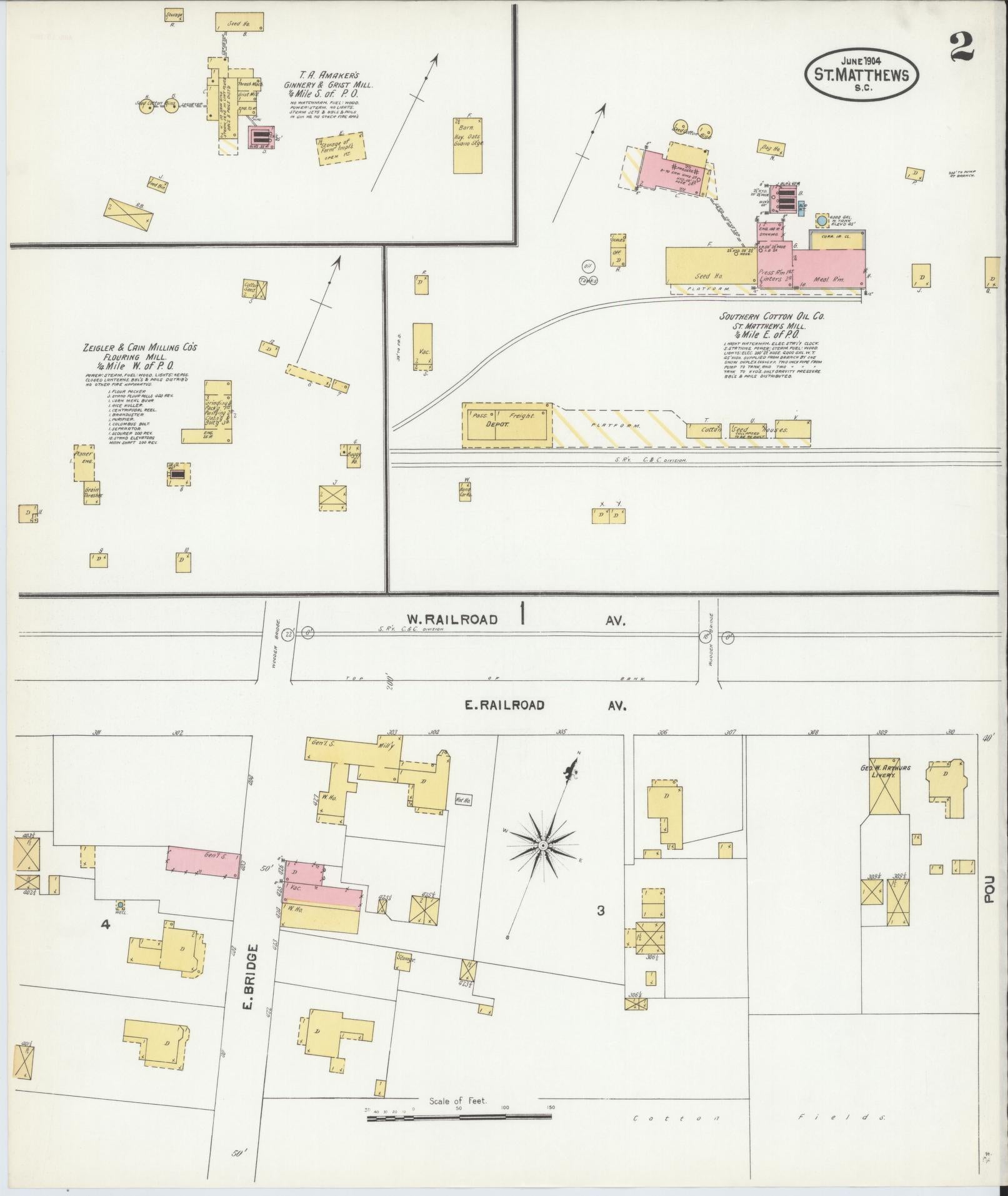 Sanborn Fire Insurance Map from Saint Matthews, Calhoun County, South Carolina (1904), Sheet #0002 - Historic Sanborn Fire Insurance Map Print, vintage old map wall art, antique decor, genealogy gift, South Carolina South Carolina map