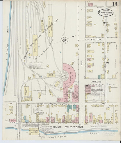 Sanborn Fire Insurance Map from Zanesville, Muskingum County, Ohio (1886), Sheet #0013 - Historic Sanborn Fire Insurance Map Print, vintage old map wall art, antique decor, genealogy gift, Ohio Ohio map