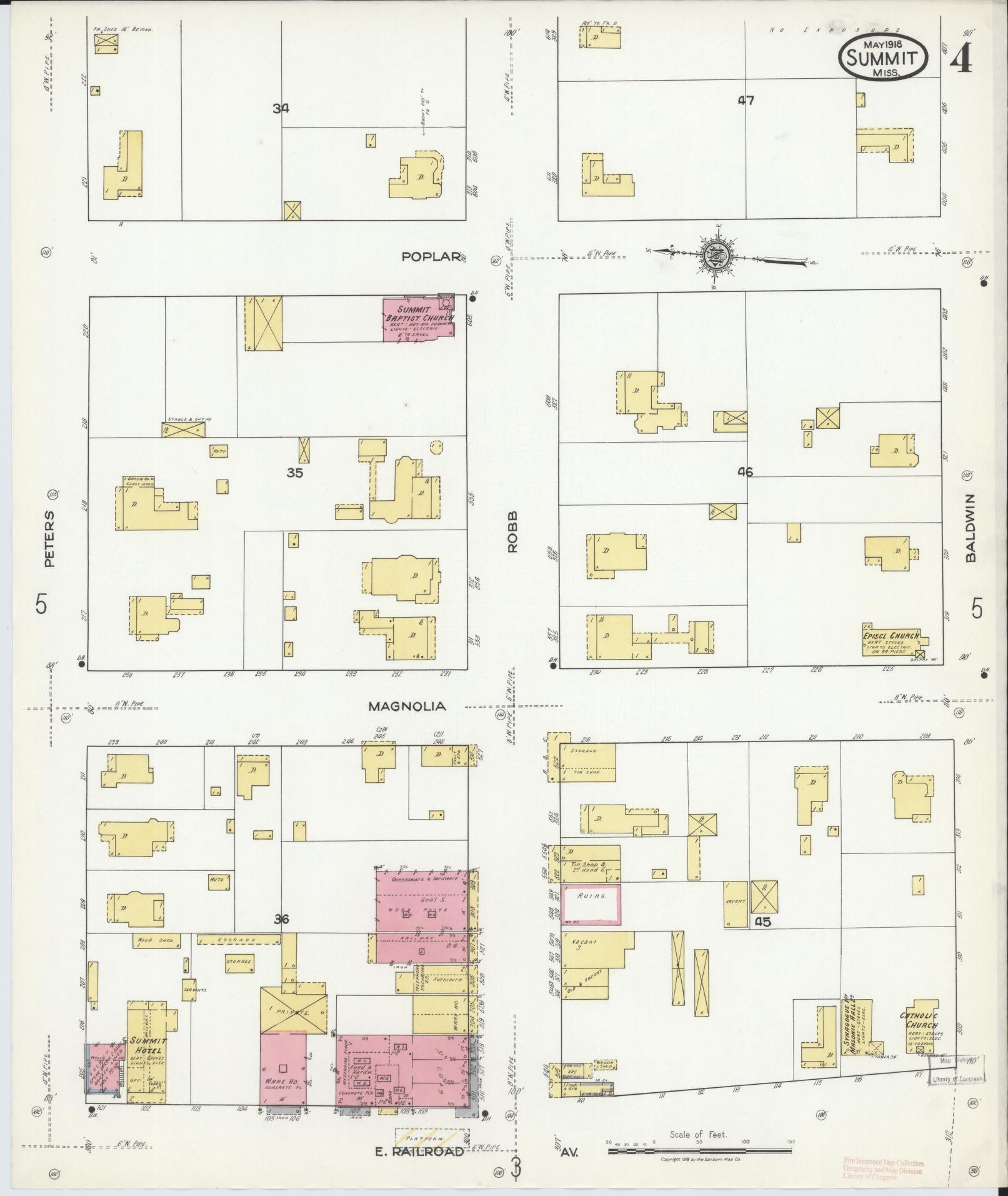 Sanborn Fire Insurance Map from Summit, Pike County, Mississippi (1918), Sheet #0004 - Historic Sanborn Fire Insurance Map Print, vintage old map wall art, antique decor, genealogy gift, Mississippi Mississippi map
