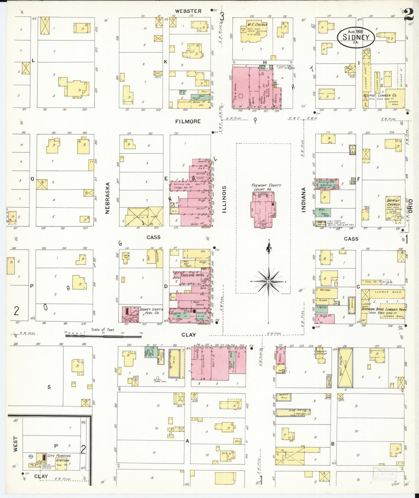 Sanborn Fire Insurance Map from Sidney, Fremont County, Iowa (1908), Sheet #0002 - Historic Sanborn Fire Insurance Map Print, vintage old map wall art