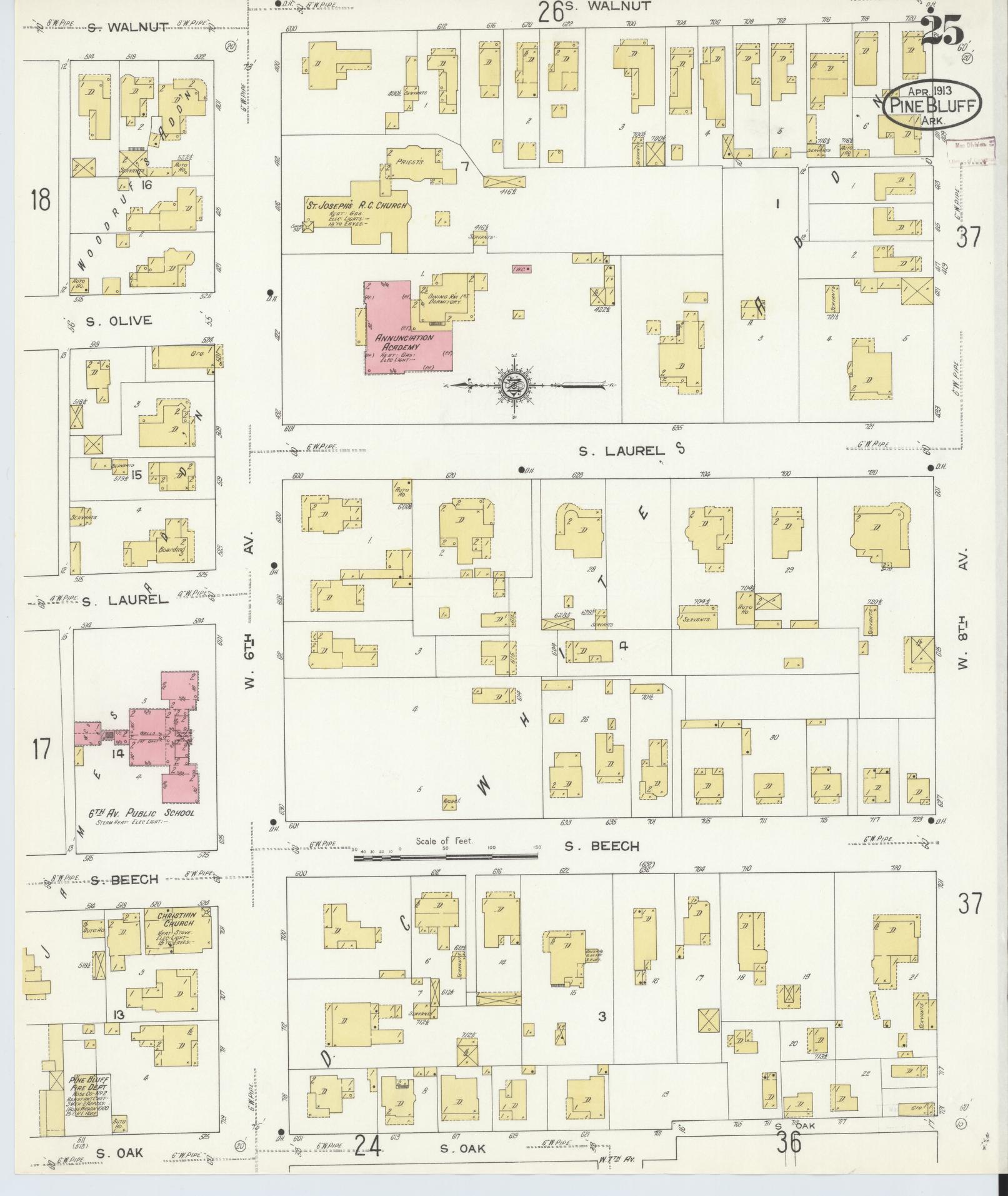 Sanborn Fire Insurance Map from Pine Bluff, Jefferson County, Arkansas (1913), Sheet #0025 - Historic Sanborn Fire Insurance Map Print, vintage old map wall art, antique decor, genealogy gift, Arkansas Arkansas map