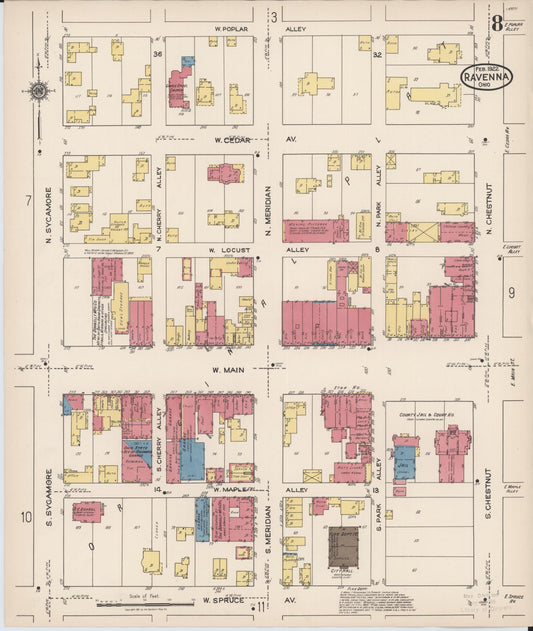 Sanborn Fire Insurance Map from Ravenna, Portage County, Ohio (1922), Sheet #0008 - Historic Sanborn Fire Insurance Map Print, vintage old map wall art, antique decor, genealogy gift, Ohio Ohio map