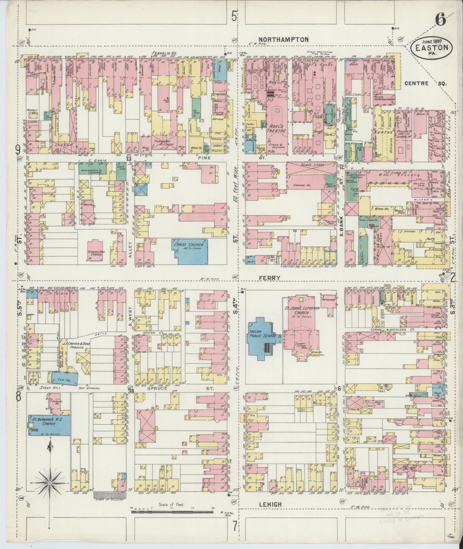 Sanborn Fire Insurance Map from Easton, Northampton County, Pennsylvania (1897), Sheet #0006 - Historic Sanborn Fire Insurance Map Print, vintage old map wall art, antique decor, genealogy gift, Pennsylvania Pennsylvania map