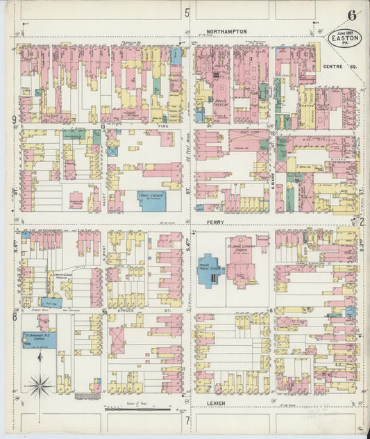 Sanborn Fire Insurance Map from Easton, Northampton County, Pennsylvania (1897), Sheet #0006 - Historic Sanborn Fire Insurance Map Print, vintage old map wall art, antique decor, genealogy gift, Pennsylvania Pennsylvania map