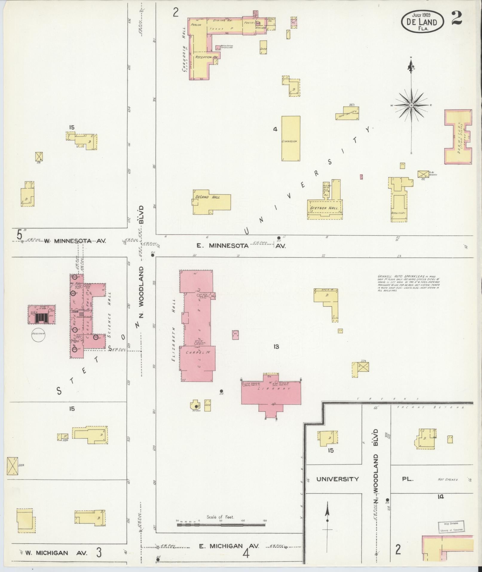 Sanborn Fire Insurance Map from De Land, Volusia County, Florida (1909), Sheet #0002 - Complete Map Set gallery image, historic Sanborn map, vintage wall art, Florida Florida