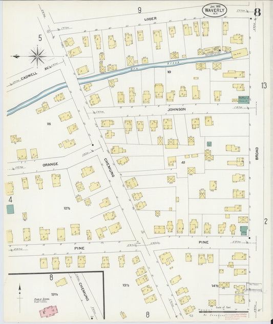 Sanborn Fire Insurance Map from Waverly, Tioga County, New York (1908), Sheet #0008 - Historic Sanborn Fire Insurance Map Print, vintage old map wall art, antique decor, genealogy gift, New York New York map