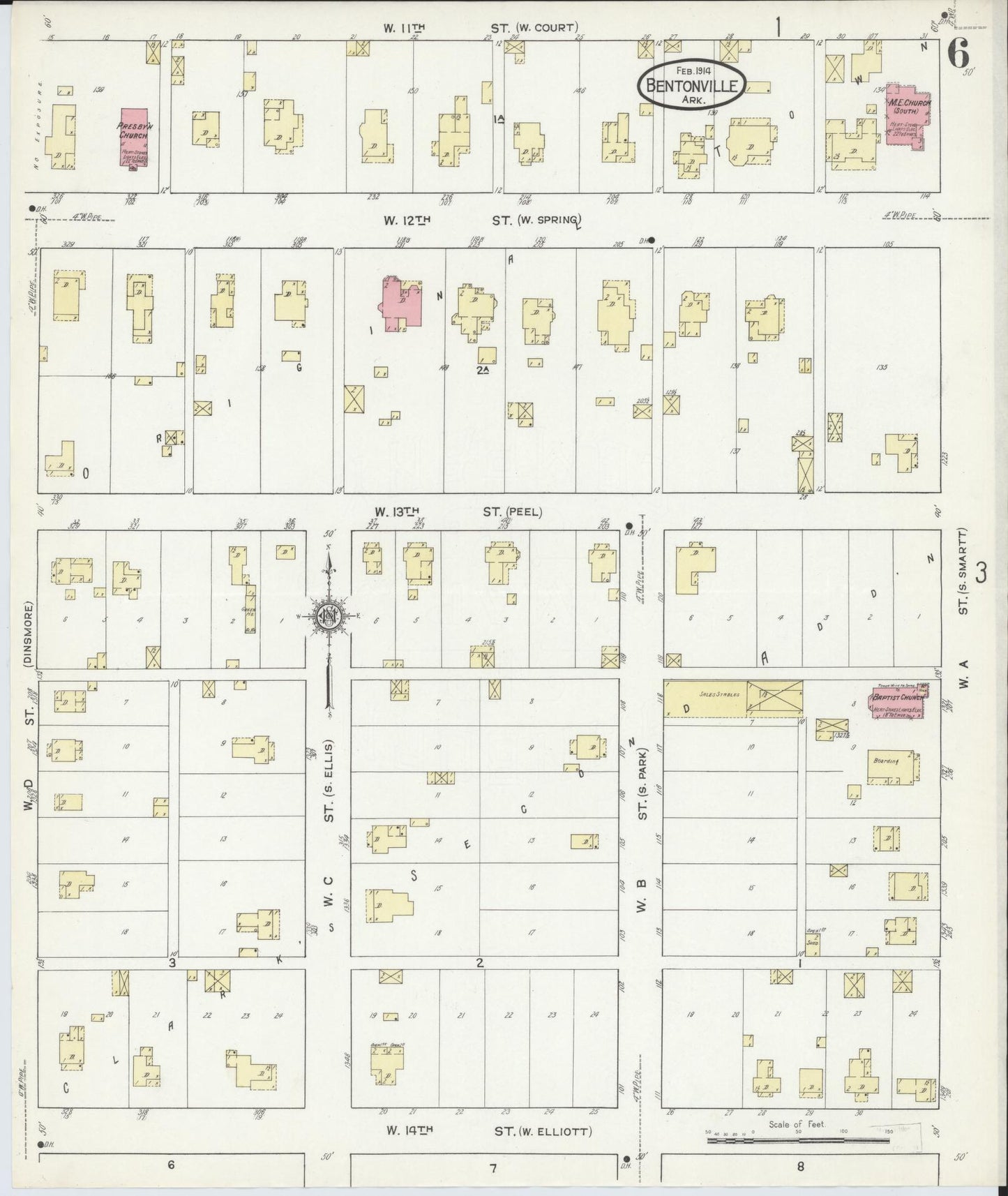 Sanborn Fire Insurance Map from Bentonville, Benton County, Arkansas (1914), Sheet #0006 - Complete Map Set gallery image, historic Sanborn map, vintage wall art, Arkansas Arkansas