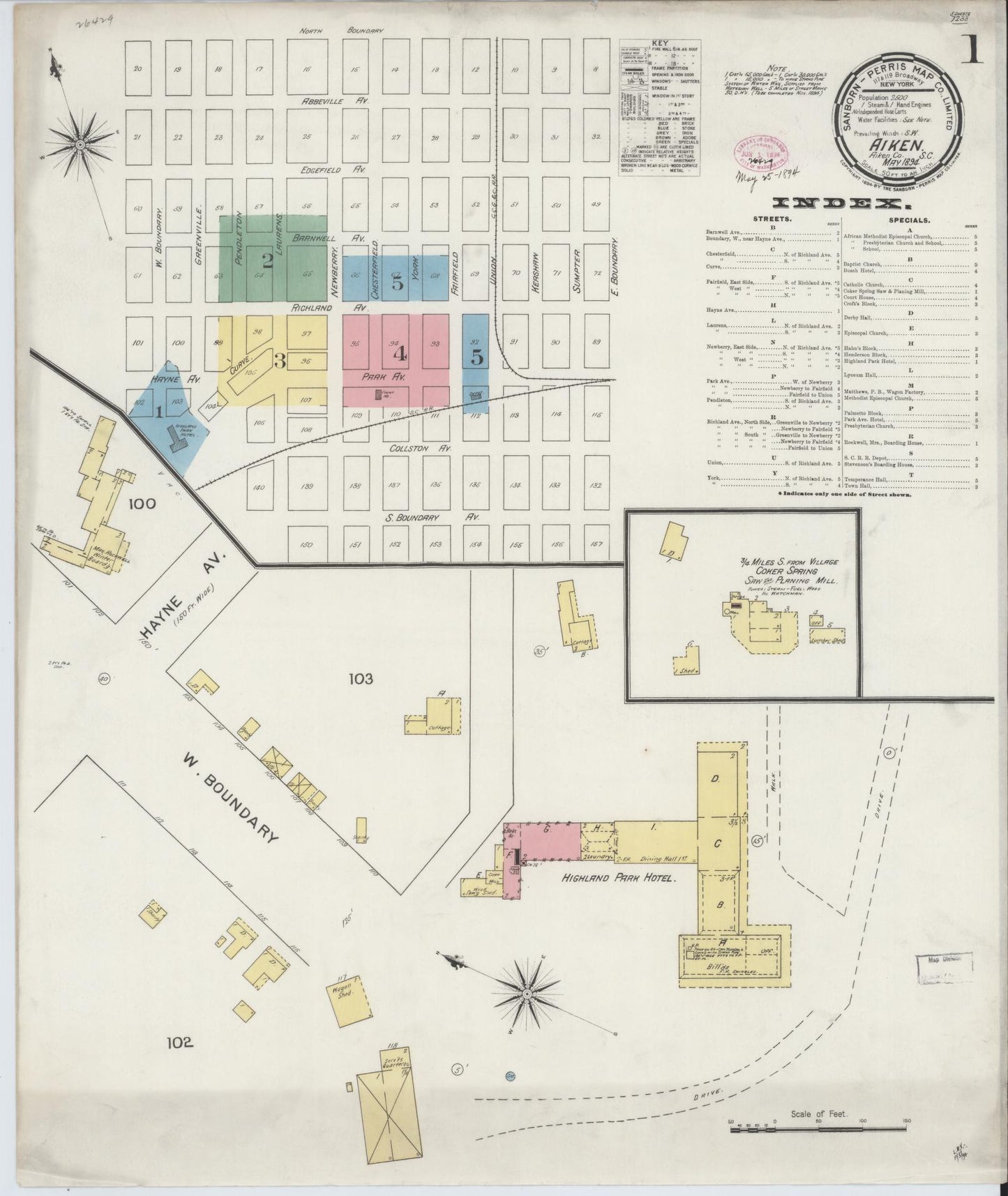 Sanborn Fire Insurance Map from Aiken, Aiken County, South Carolina (1894), Sheet #0001 - Complete Map Set gallery image, historic Sanborn map, vintage wall art, South Carolina South Carolina
