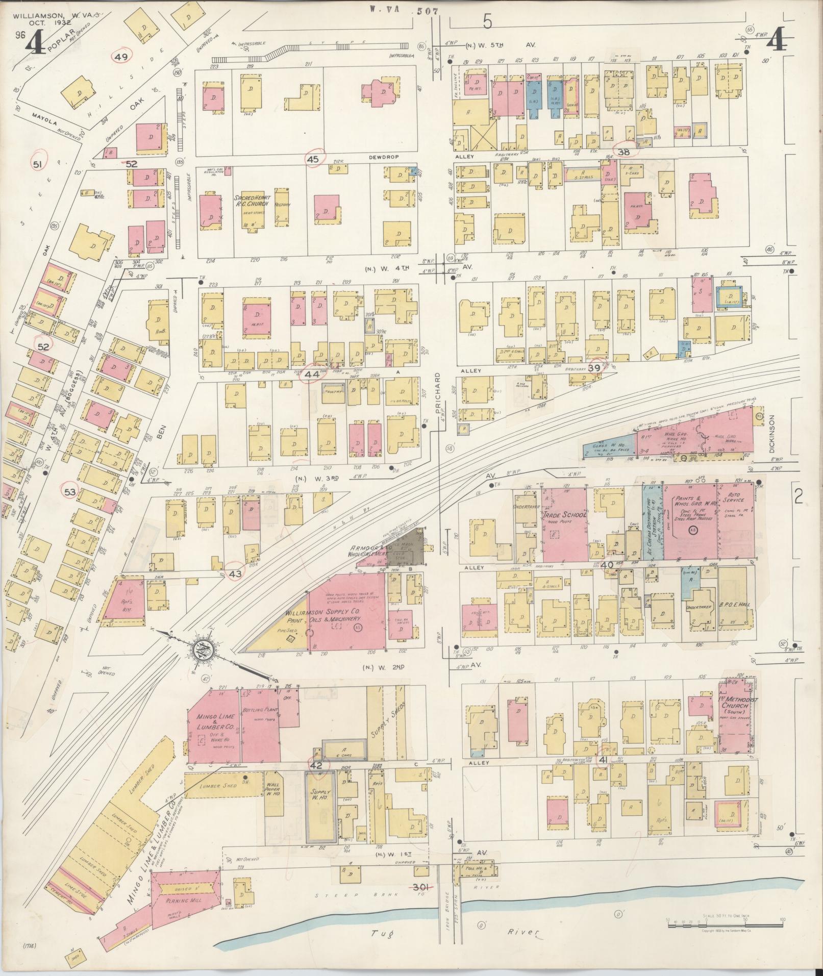 Sanborn Fire Insurance Map from Williamson, Mingo County, West Virginia (1943), Sheet #0004 - Historic Sanborn Fire Insurance Map Print, vintage old map wall art, antique decor, genealogy gift, West Virginia West Virginia map