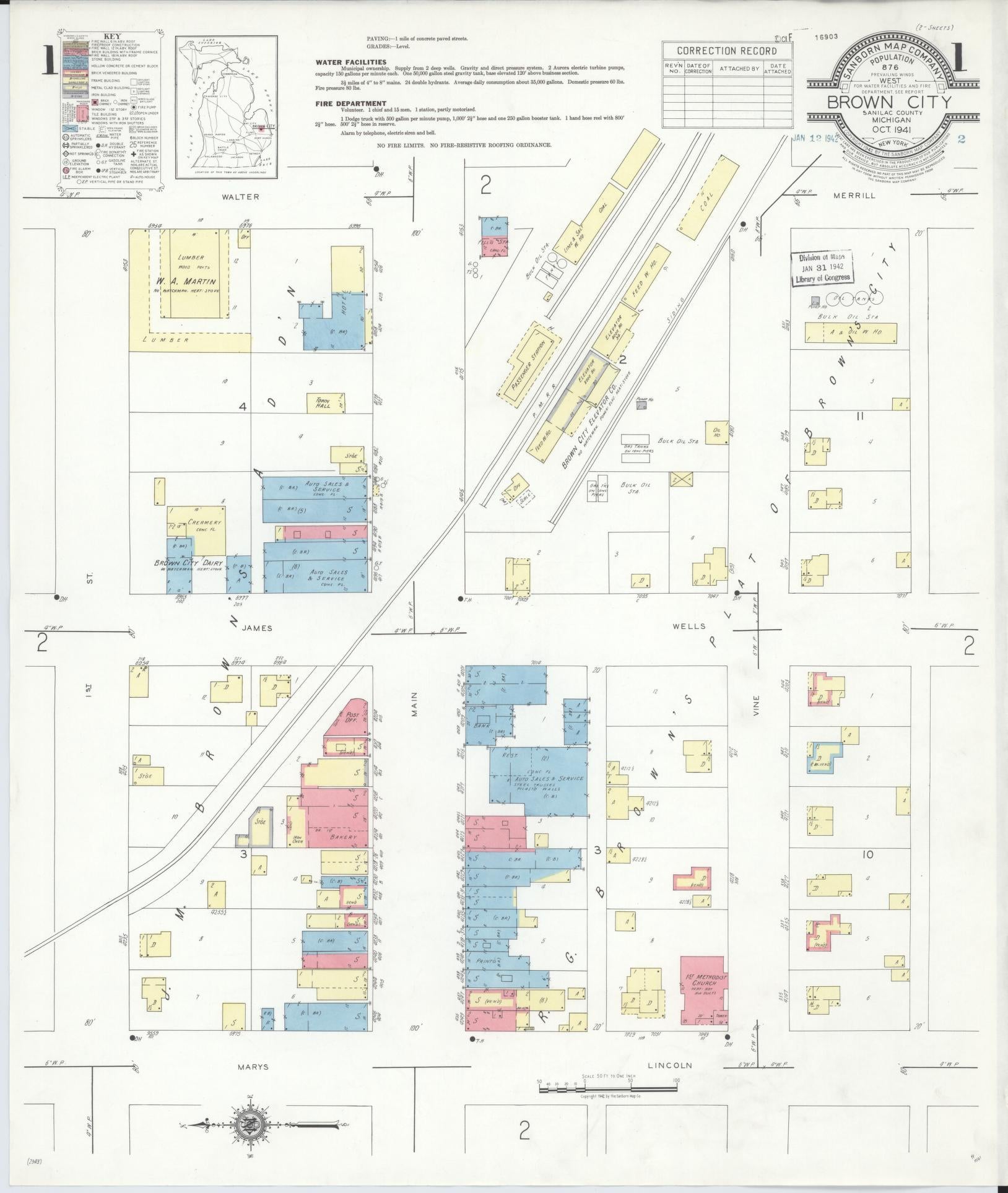 Sanborn Fire Insurance Map from Brown City, Sanilac County, Michigan (1941), Sheet #0001 - Historic Sanborn Fire Insurance Map Print, vintage old map wall art, antique decor, genealogy gift, Michigan Michigan map