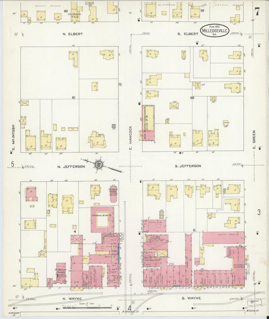 Sanborn Fire Insurance Map from Milledgeville, Baldwin County, Georgia (1913), Sheet #0007 - Historic Sanborn Fire Insurance Map Print, vintage old map wall art, antique decor, genealogy gift, Georgia Georgia map