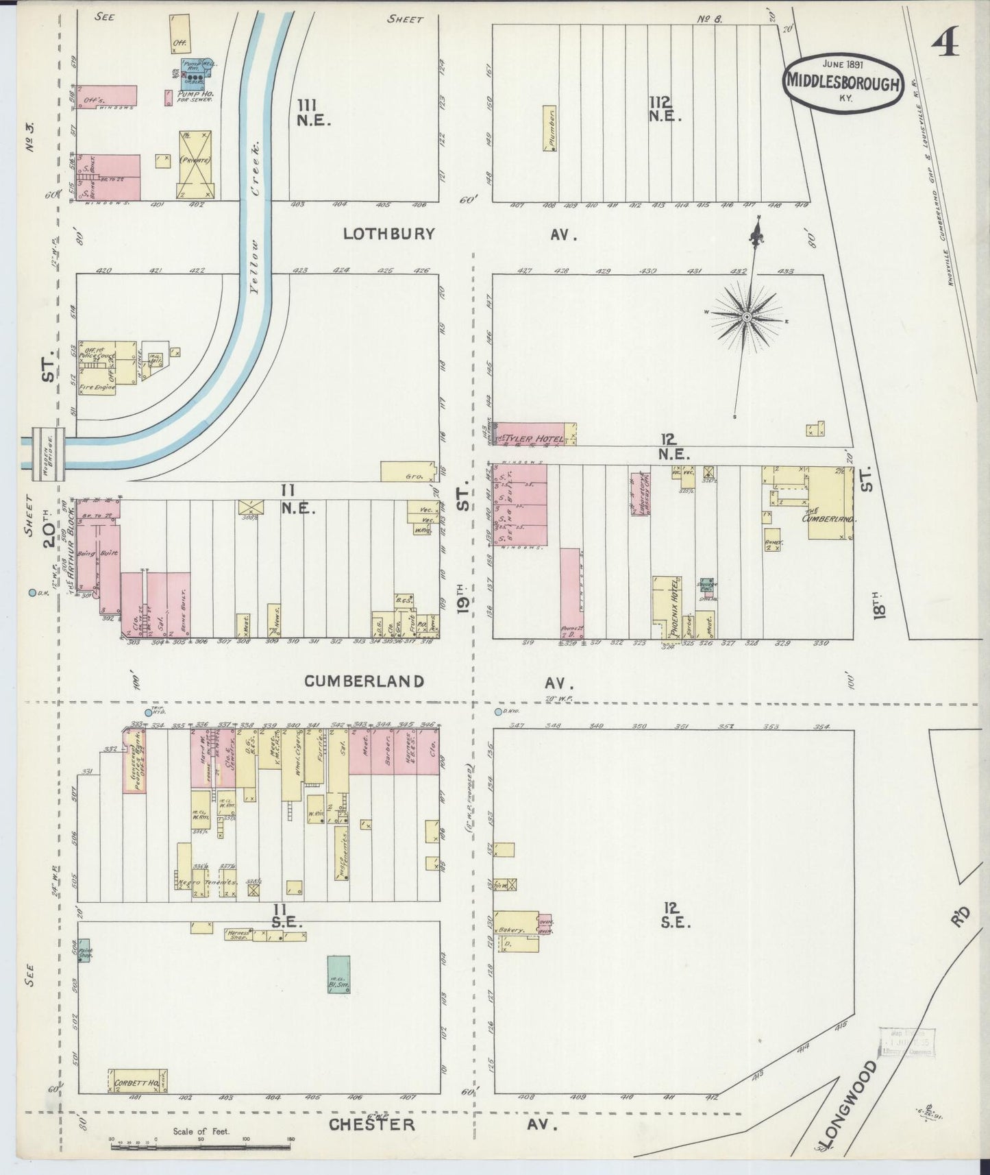 Sanborn Fire Insurance Map from Middlesboro, Bell County, Kentucky (1891), Sheet #0004 - Complete Map Set gallery image, historic Sanborn map, vintage wall art, Kentucky Kentucky
