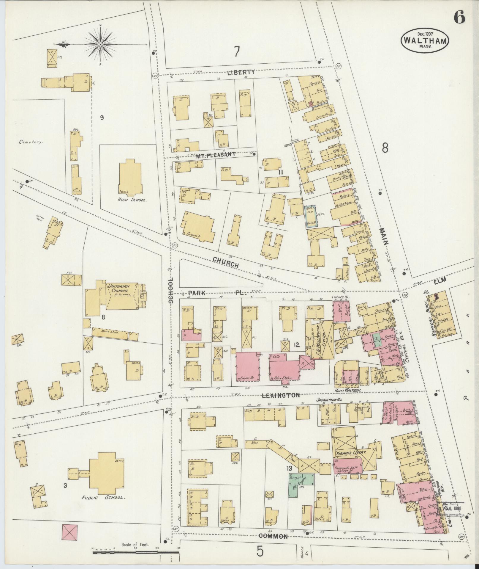 Sanborn Fire Insurance Map from Waltham, Middlesex County, Massachusetts (1897), Sheet #0006 - Complete Map Set gallery image, historic Sanborn map, vintage wall art, Massachusetts Massachusetts