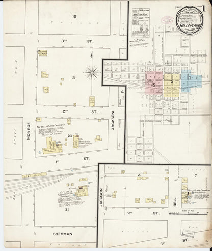 Sanborn Fire Insurance Map from Belle Plaine, Benton County, Iowa (1888), Sheet #0001 - Historic Sanborn Fire Insurance Map Print, vintage old map wall art