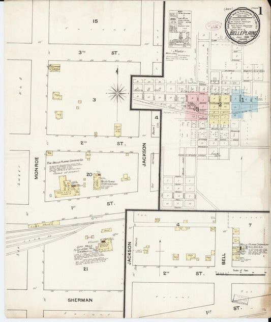Sanborn Fire Insurance Map from Belle Plaine, Benton County, Iowa (1888), Sheet #0001 - Historic Sanborn Fire Insurance Map Print, vintage old map wall art