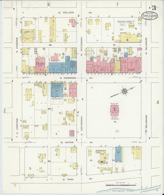 Sanborn Fire Insurance Map from Tahlequah, Cherokee County, Oklahoma (1914), Sheet #0003 - Historic Sanborn Fire Insurance Map Print, vintage old map wall art, antique decor, genealogy gift, Oklahoma Oklahoma map