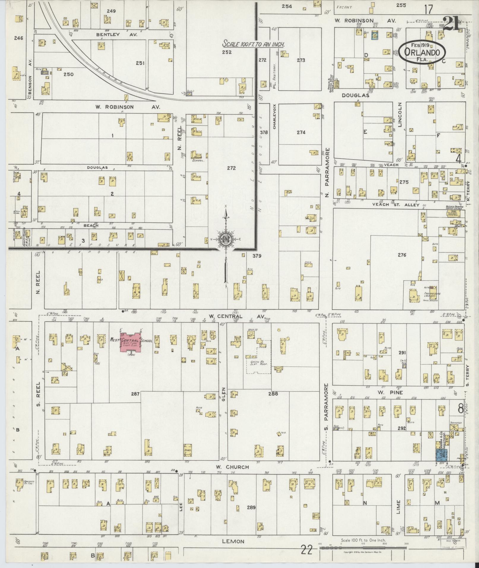 Sanborn Fire Insurance Map from Orlando, Orange County, Florida (1919), Sheet #0021 - Historic Sanborn Fire Insurance Map Print, vintage old map wall art, antique decor, genealogy gift, Florida Florida map