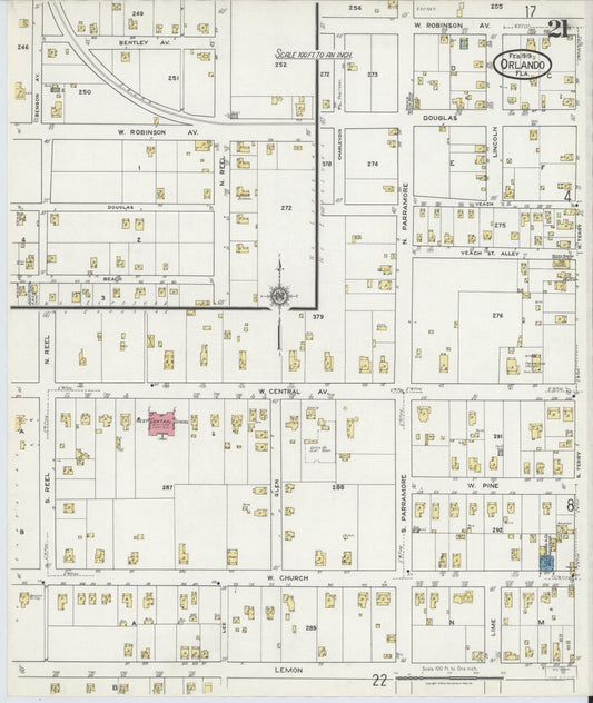 Sanborn Fire Insurance Map from Orlando, Orange County, Florida (1919), Sheet #0021 - Historic Sanborn Fire Insurance Map Print, vintage old map wall art, antique decor, genealogy gift, Florida Florida map