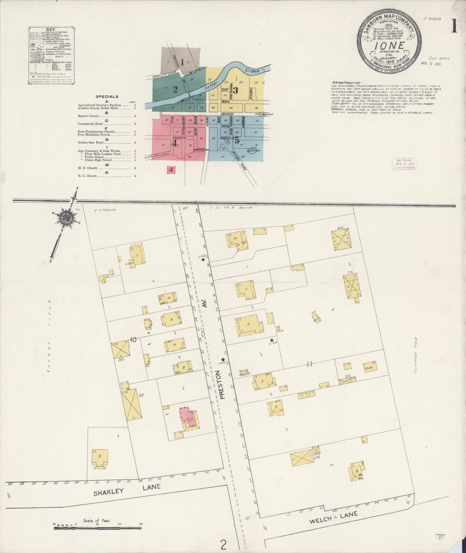 Sanborn Fire Insurance Map from Ione, Amador County, California (1912), Sheet #0001 - Historic Sanborn Fire Insurance Map Print, vintage old map wall art, antique decor, genealogy gift, California California map
