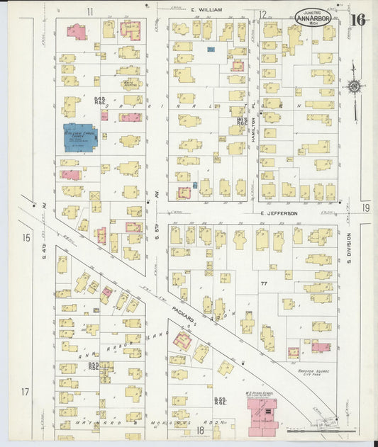 Sanborn Fire Insurance Map from Ann Arbor, Washtenaw County, Michigan (1916), Sheet #0016 - Historic Sanborn Fire Insurance Map Print, vintage old map wall art, antique decor, genealogy gift, Michigan Michigan map