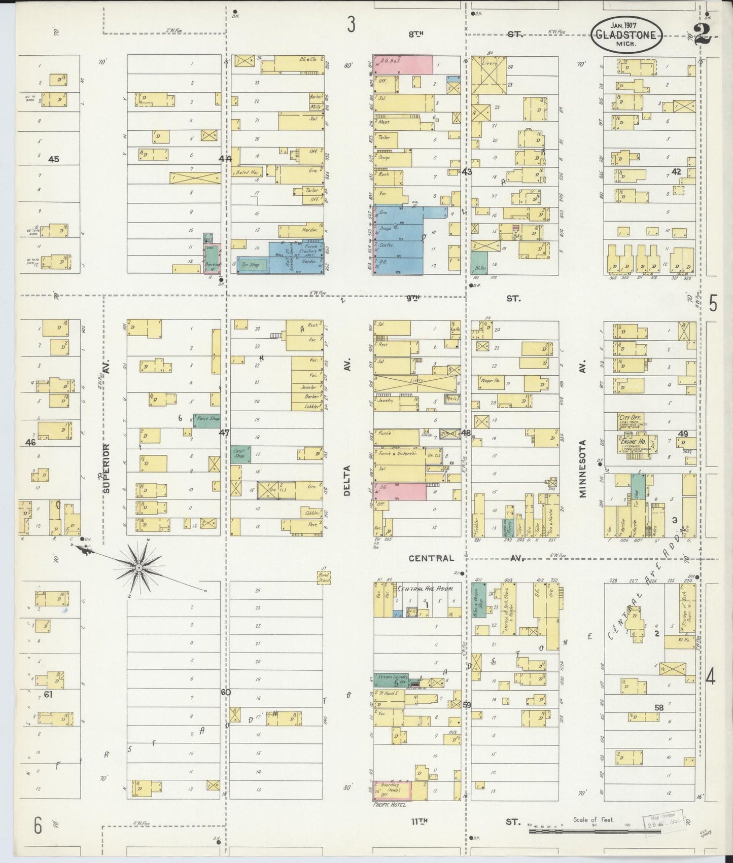 Sanborn Fire Insurance Map from Gladstone, Delta County, Michigan (1907), Sheet #0002 - Complete Map Set gallery image, historic Sanborn map, vintage wall art, Michigan Michigan
