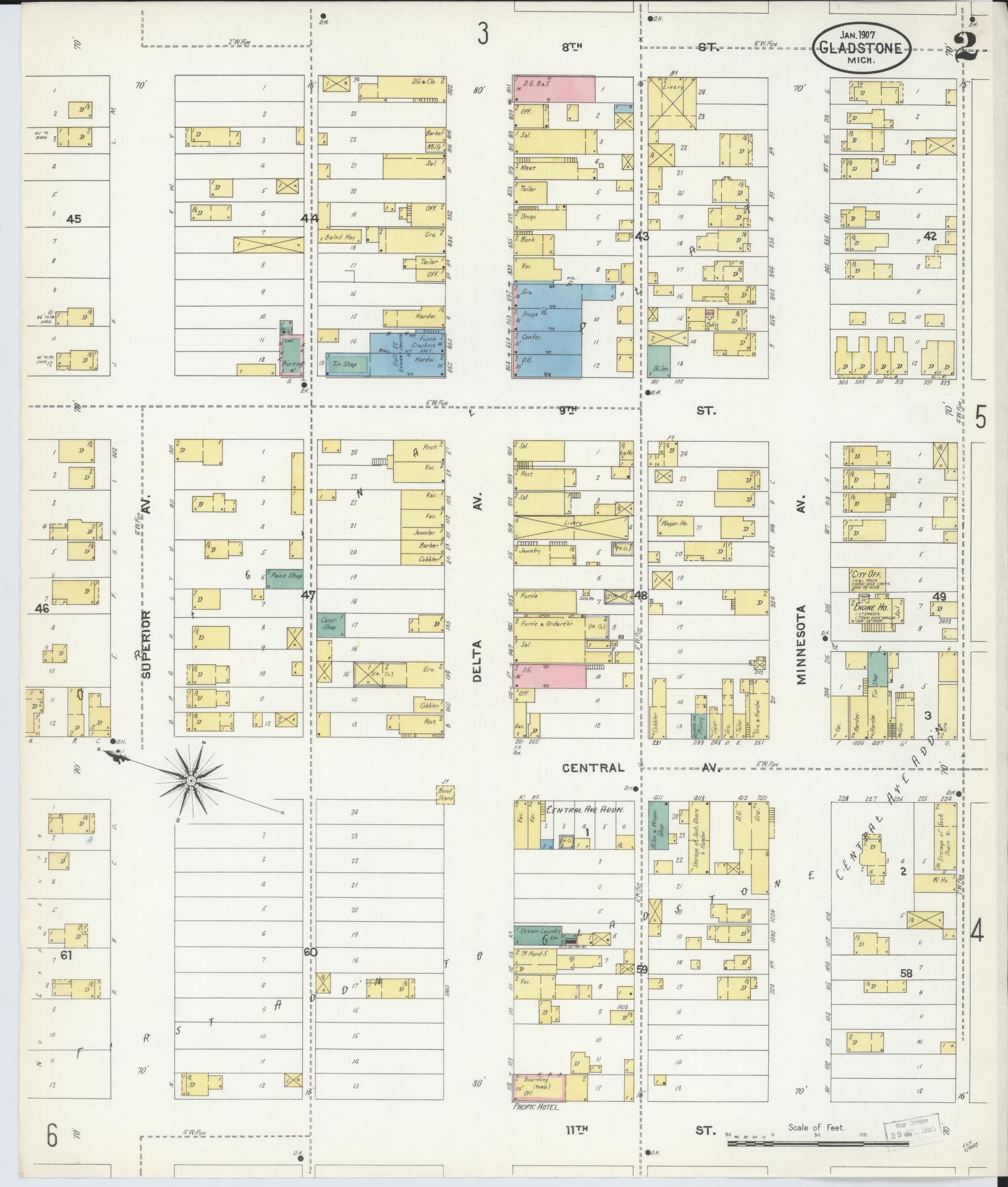 Sanborn Fire Insurance Map from Gladstone, Delta County, Michigan (1907), Sheet #0002 - Complete Map Set gallery image, historic Sanborn map, vintage wall art, Michigan Michigan