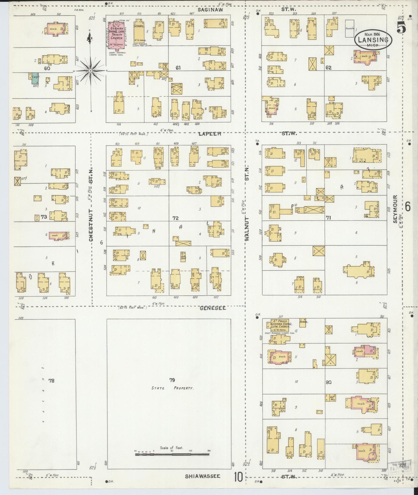 Sanborn Fire Insurance Map from Lansing, Ingham County, Michigan (1906), Sheet #0005 - Complete Map Set gallery image, historic Sanborn map, vintage wall art, Michigan Michigan