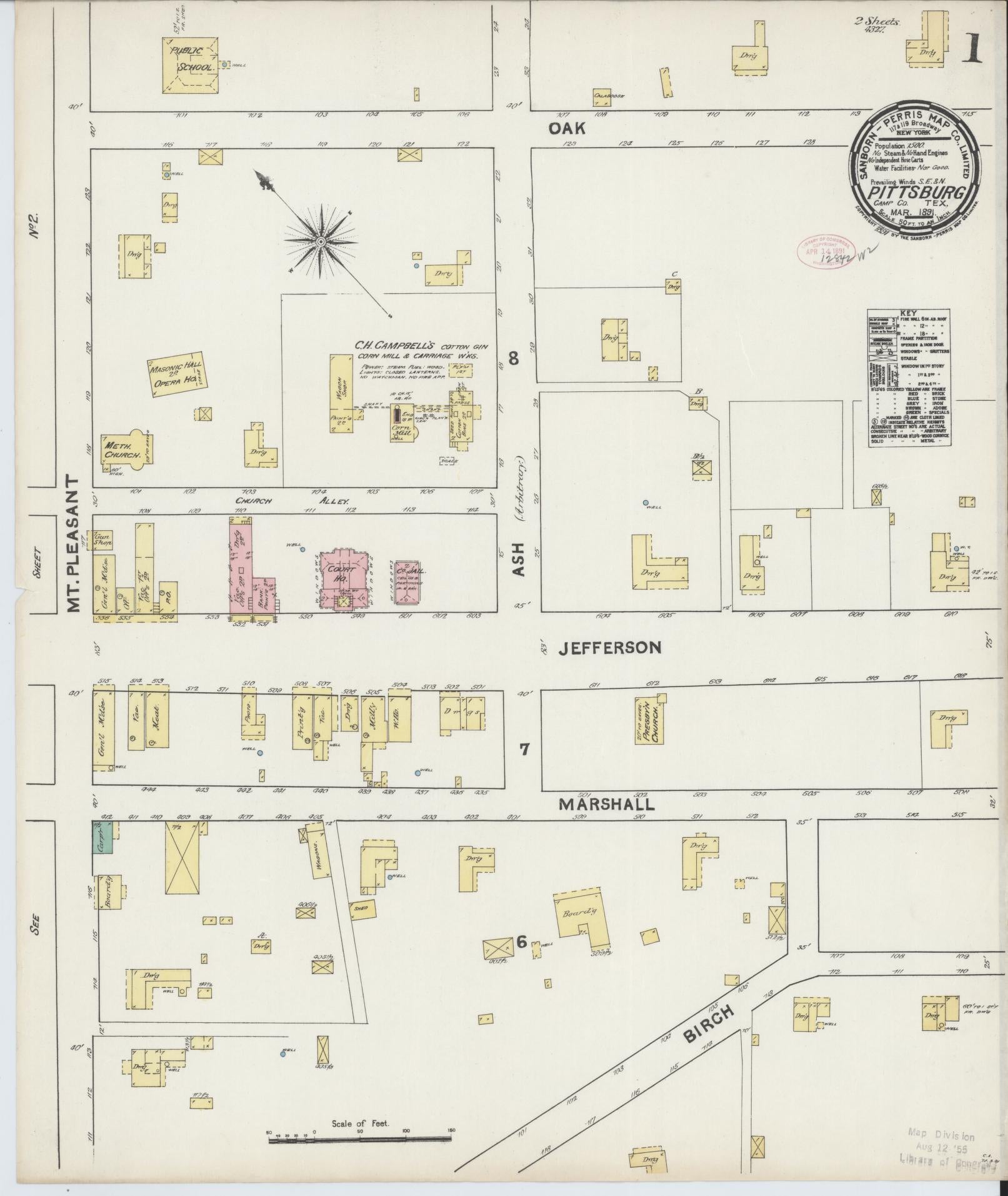Sanborn Fire Insurance Map from Pittsburg, Camp County, Texas. (1891) – Historic Sanborn Fire Insurance Map Print