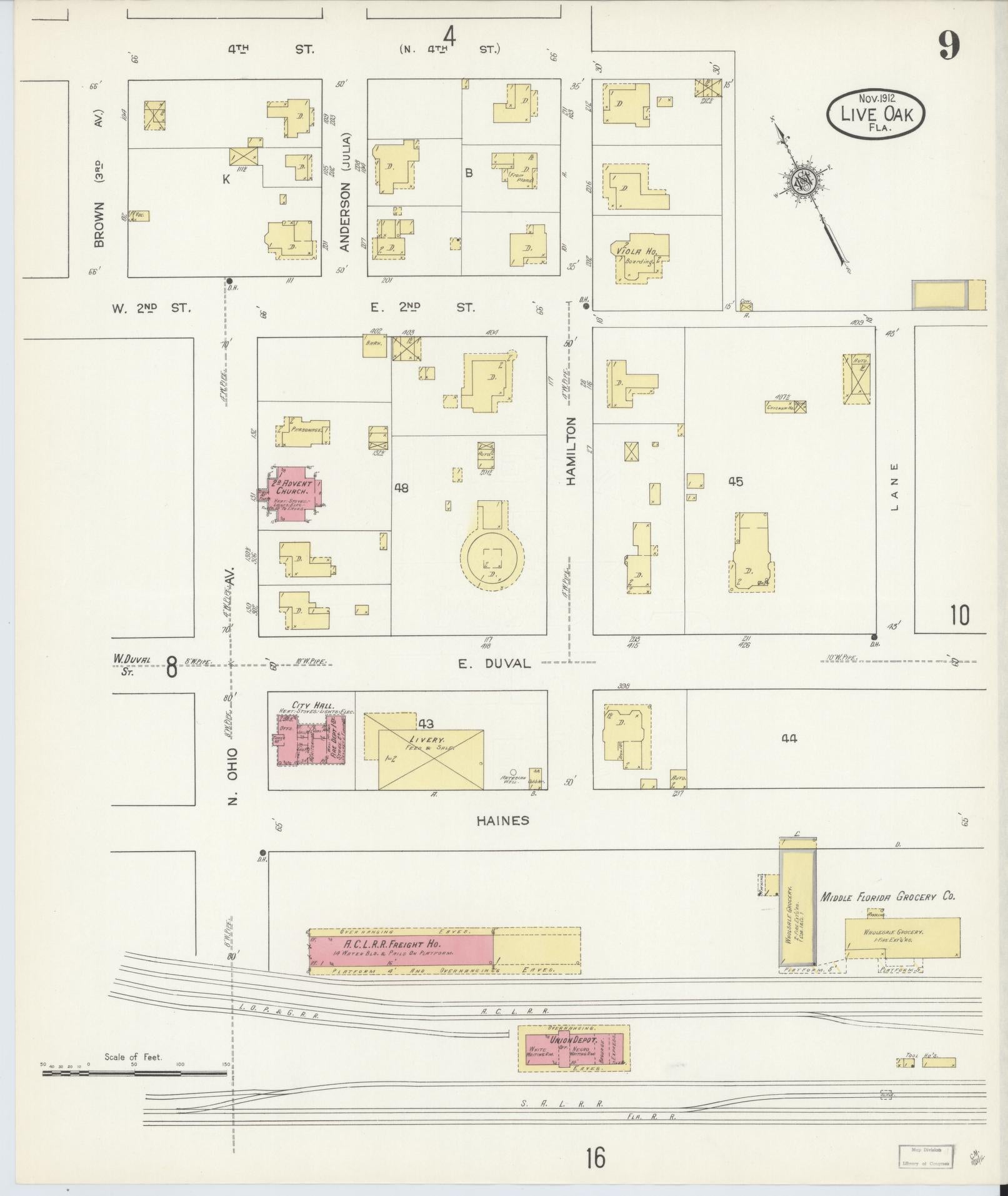 Sanborn Fire Insurance Map from Live Oak, Suwanee County, Florida (1912), Sheet #0009 - Complete Map Set gallery image, historic Sanborn map, vintage wall art, Florida Florida