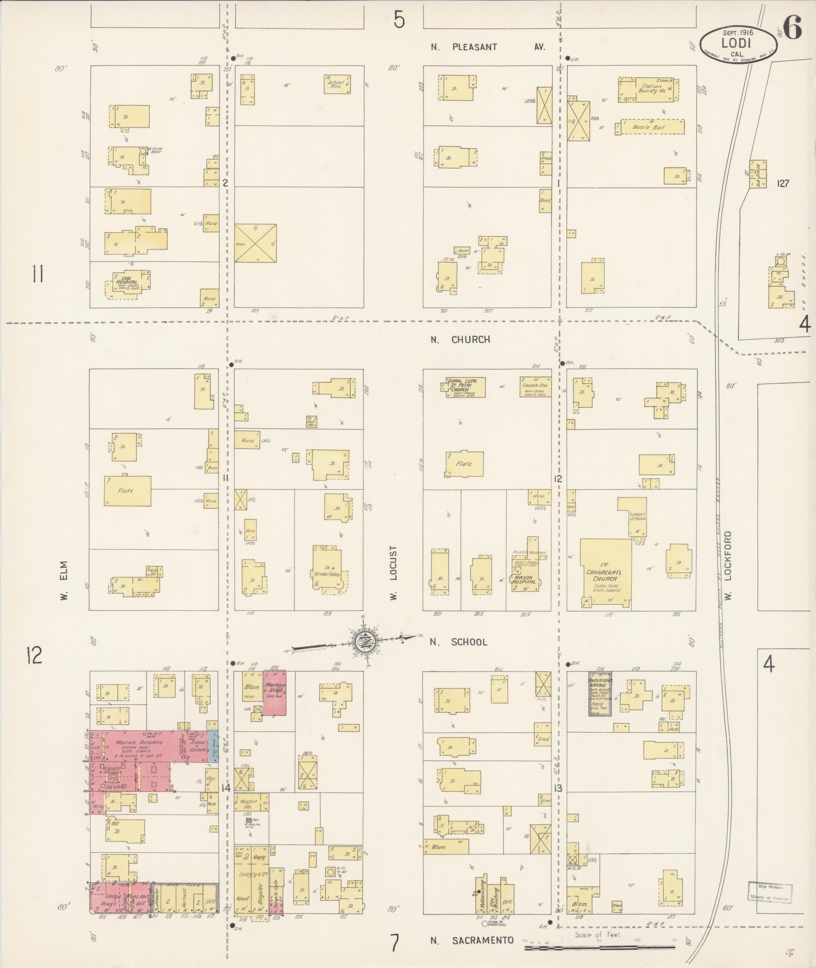 Sanborn Fire Insurance Map from Lodi, San Joaquin County, California (1916), Sheet #0006 - Historic Sanborn Fire Insurance Map Print, vintage old map wall art, antique decor, genealogy gift, California California map