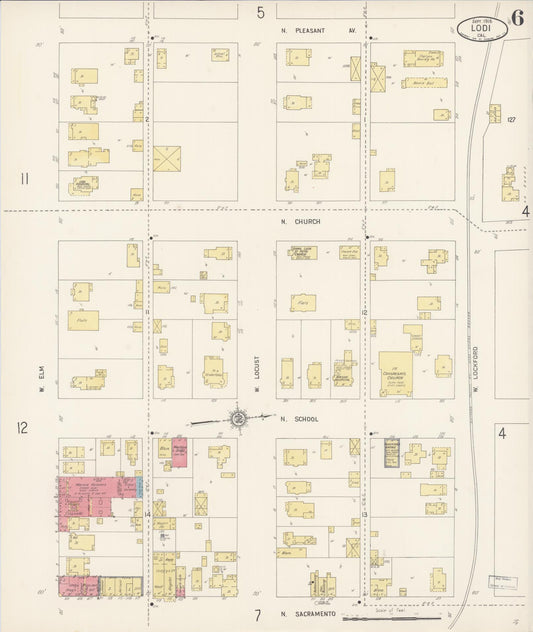 Sanborn Fire Insurance Map from Lodi, San Joaquin County, California (1916), Sheet #0006 - Historic Sanborn Fire Insurance Map Print, vintage old map wall art, antique decor, genealogy gift, California California map