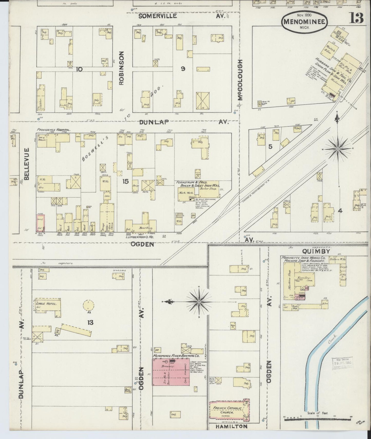 Sanborn Fire Insurance Map from Menominee, Menominee County, Michigan (1890), Sheet #0013 - Historic Sanborn Fire Insurance Map Print, vintage old map wall art, antique decor, genealogy gift, Michigan Michigan map