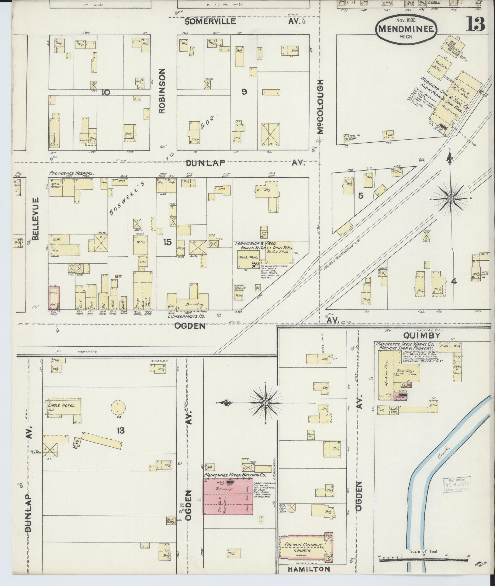 Sanborn Fire Insurance Map from Menominee, Menominee County, Michigan (1890), Sheet #0013 - Historic Sanborn Fire Insurance Map Print, vintage old map wall art, antique decor, genealogy gift, Michigan Michigan map