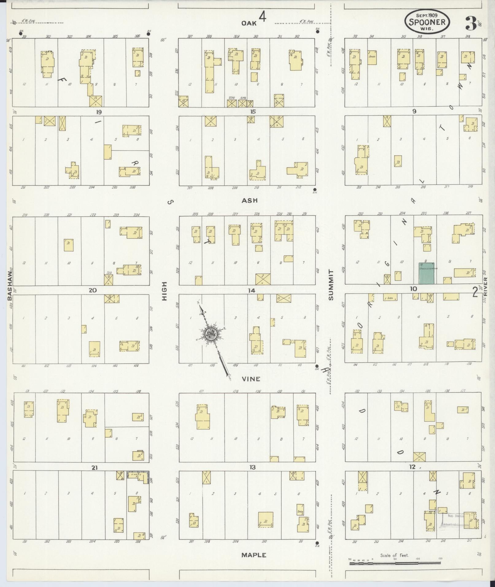 Sanborn Fire Insurance Map from Spooner, Washburn County, Wisconsin (1909), Sheet #0003 - Historic Sanborn Fire Insurance Map Print, vintage old map wall art, antique decor, genealogy gift, Wisconsin Wisconsin map