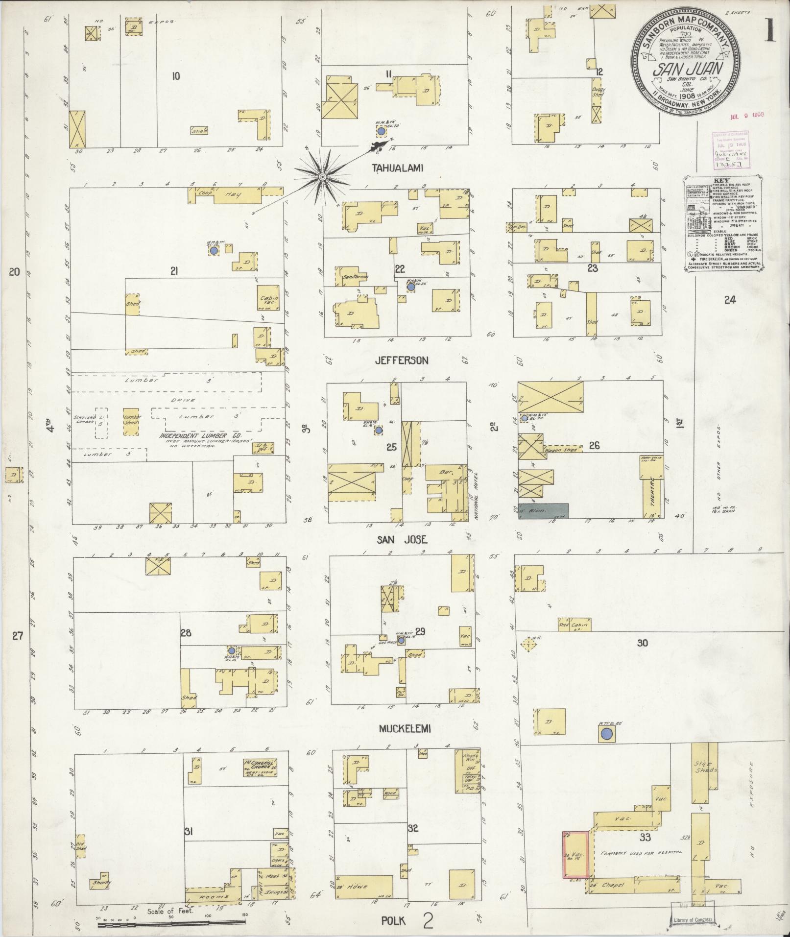 Sanborn Fire Insurance Map from San Juan Bautista, San Benito County, California (1908), Sheet #0001 - Complete Map Set gallery image, historic Sanborn map, vintage wall art, California California