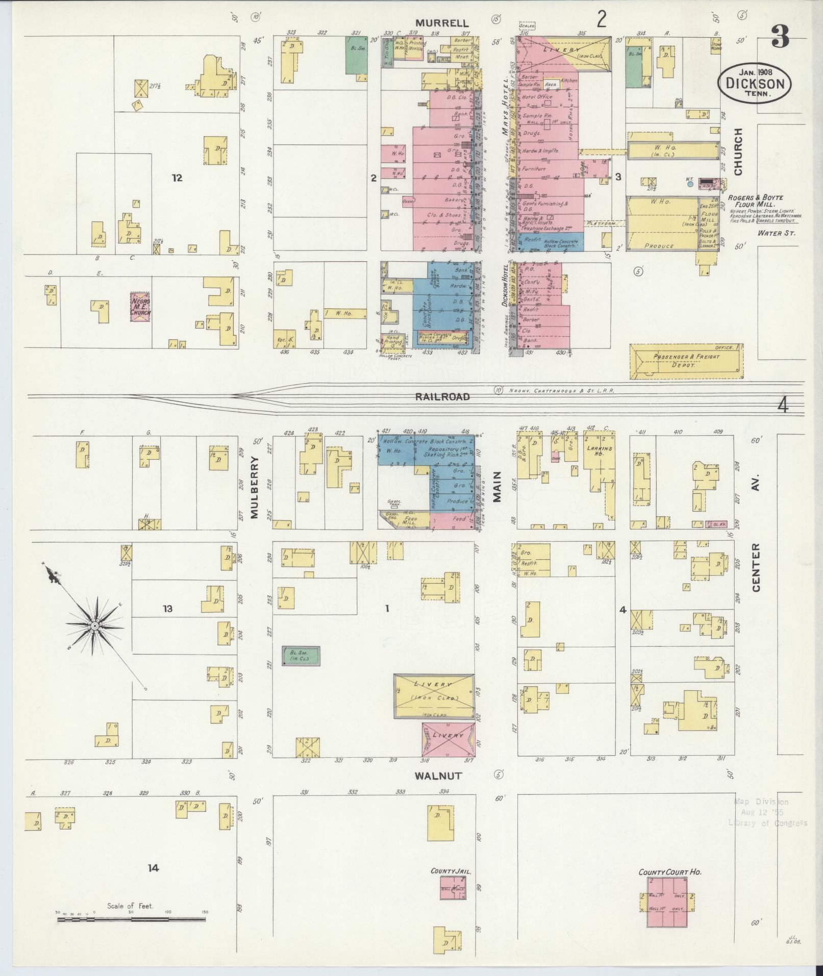 Sanborn Fire Insurance Map from Dickson, Dickson County, Tennessee (1908), Sheet #0003 - Historic Sanborn Fire Insurance Map Print, vintage old map wall art, antique decor, genealogy gift, Tennessee Tennessee map