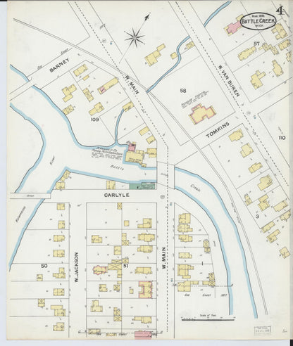 Sanborn Fire Insurance Map from Battle Creek, Calhoun County, Michigan (1892), Sheet #0004 - Historic Sanborn Fire Insurance Map Print, vintage old map wall art, antique decor, genealogy gift, Michigan Michigan map
